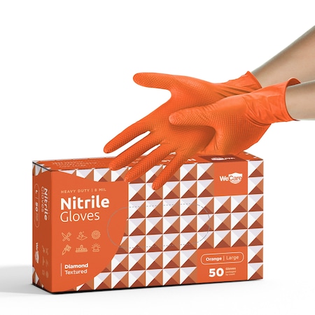 Wecare WMN1002, Disposable Gloves, 8 mil Palm, Nitrile, Powder-Free, L, 50 PK, Orange WMN100250